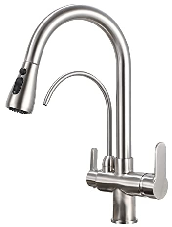 HUAHUALALA Kitchen Sink Faucet with Pull Down Sprayer 2 Handle 3 in 1 Water Filter Purifier Faucets, Brass Drinking Water Faucet Reverse Osmosis Brushed Nickel