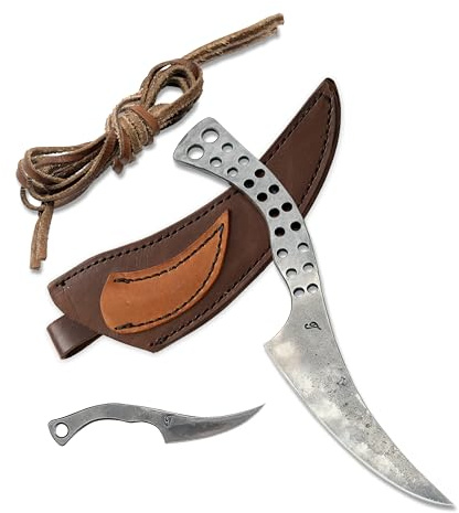 Juego - 2 CUCHILLOS PARA EL PRECIO 1. Cuchillo forjado a mano - diente de dragón - marrón - Hoja endurecida - Funda de piel auténtica hecha a mano - vintage - Colección de arte - Antigüedad