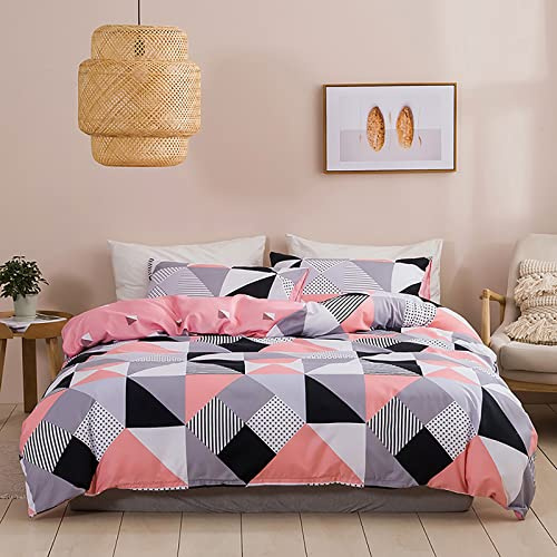 Geométrica Diseño Funda Nordica Funda para Edredón 220 x 240 cm con 2 Fundas de Almohada 50x75cm Juego Ropa para Cama 135/150 Cuadros Rayas Conjunto Fundas Nórdica Microfibra Rosa Gris