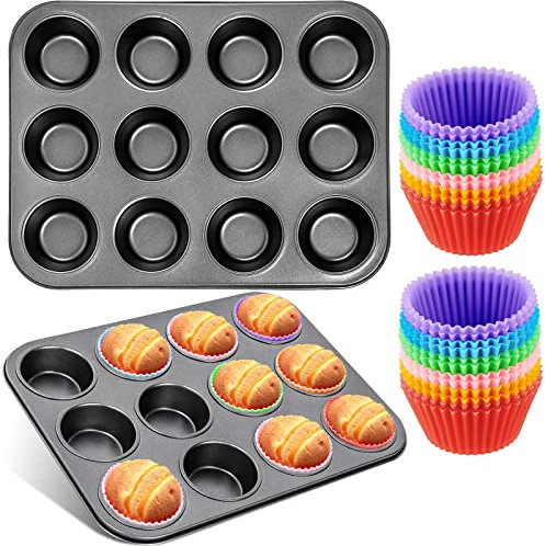 Frasheng Set di 2 stampi per muffin in acciaio al carbonio antiaderente e confezione da 24 stampi da forno riutilizzabili in silicone, antiaderenti, dimensioni standard, lavabili in lavastoviglie