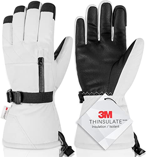 Magelfarm Ski Gloves Waterproof Touchscreen for Men Women Winter Snow Snowboard Gloves Warm Thermal Insulated White Snowmobile Gloves with Pocket for Extreme Cold Weather Outdoor Windproof Medium