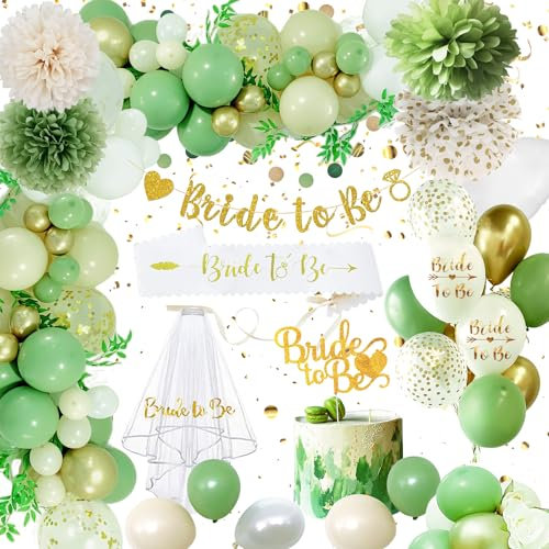 Auezona Bride to Be Deko Grün, Jga Deko Frauen, Junggesellenabschied frauen Accessoires, Jga Accessoires Frauen with Grün Ballons Papierblumen Banner Schärpe Girlande Schleier Tortenstecker