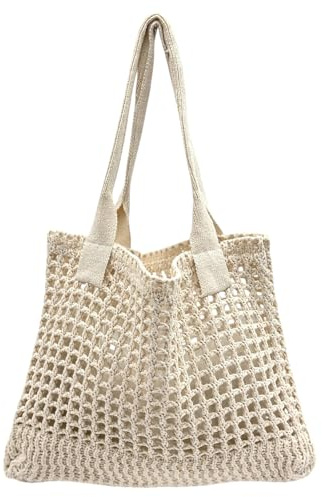 ENBEI Grand sac fourre-tout de plage pour femme - Sac à main en tricot esthétique pour la plage, blanc, Large