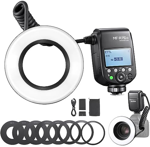 GODOX Macro Ring Flash for Canon MF-R76C TTL/M Mode CCT 5900K 76Ws 2.4G Wireless Control 550 Full-Power Flashes 0.1-1s Recycle Time Dual-Flash Tubes with LCD Screen for Inscet Plant Jewelry Shooting