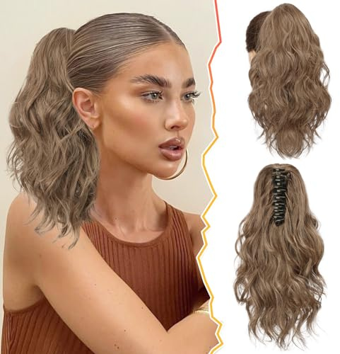 BARSDAR Klaue Clip Pferdeschwanz Extension, 35 CM Lockig Gewellt Pferdeschwanz Haarverlängerung Dicker Weich Synthetik Clip Pferdeschwanz Haarteil Damen Mädchen(Braun & Blond Gemischt)
