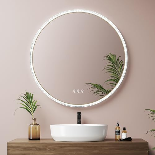 EMKE Badspiegel mit Beleuchtung Rund 60cm, Gold, 3 Lichtfarben