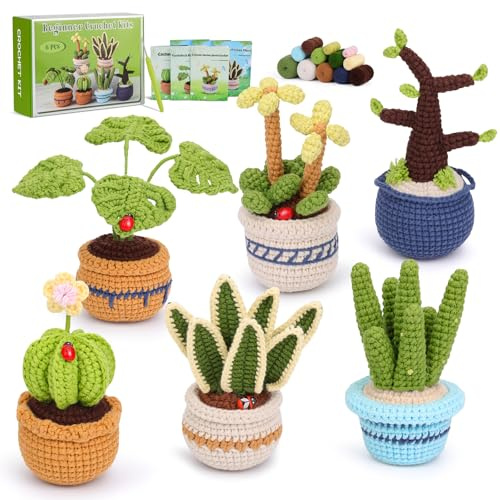 JUAYING Crochet Kit for Beginners Adults, 6 PCS Potted Plant Crochet Kit | Crochet Starter Kit, Include Step-by-Step Video Tutorial, Instruction Complete Crochet Kits for DIY Craft