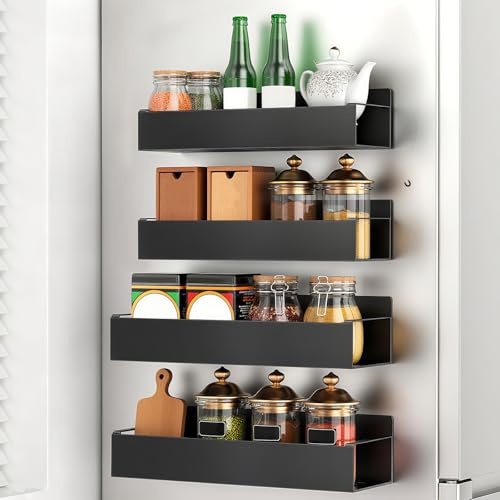 Ruiqas 4 Pack Magnetic Spice Rack for Fridge, Black Metal Shelf | Strong magnets, 8lb capacity, no-drill install, rust-proof, 2 sizes, for fridge oven microwave