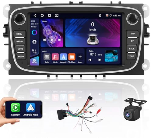 Hikity 4+64G Android 15 Autoradio für Ford Focus C-Max Mondeo, 7'' | Carplay Android Auto für Ford Galaxy S-Max, Radio Navi, 32EQ FM/RDS GPS WiFi Bluetooth, 1280x720, MIC Rückfahrkamera