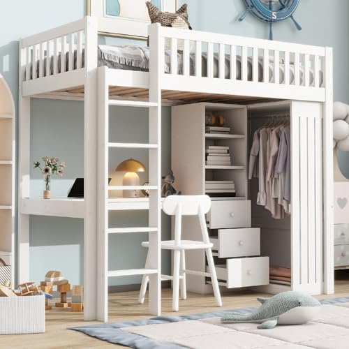 PUGSDRLY Lit Mezzanine 1 Place 90x200cm avec Bureau Armoire et 3 tiroirs,Rangement Ouvert,Design de Clôture Haute,Cadre de Lit en Pin Blanc pour Enfant Adolescent (90-Blanc-A)