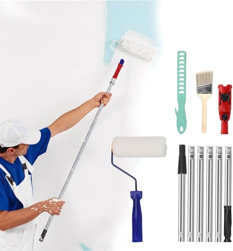 mumisuto Rullo per Pittura Allungabile, 10 Pezzi Rulli per Pittura Set con Asta di Estensione in Acciaio Inox 60-210cm, Rullo Telescopico per Pittura per la Ristrutturazione di Progetto Domestico