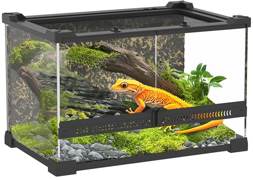 PawHut Terrario in Vetro per Rettili, Vivarium per Rettili con Sfondo in Pietra, Ventilazione Frontale, Serratura a Manopola Anti-Fuga, Recinto in Vetro per Lucertole, Ragni Cornuti, Serpenti, 30 x 20