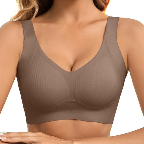 Fittingirls Bygellös Sömlösa BH, Trådlös Push-up V-ringad Vadderad, Fullt Stöd Komfort Sport-bh, Sovande T-shirt Bralette för Plusstorlek