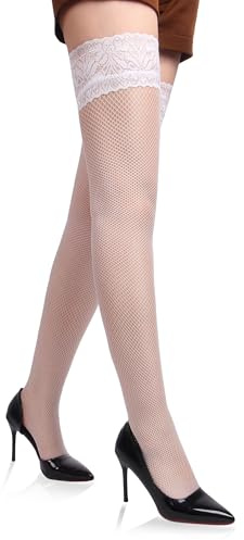 comeondear Womens Sexy White Fishnet Thigh High Stockings Lace Top