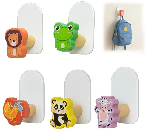 PSFXBM 5Pcs Animal-Themed Sticky Hooks for Wall, Kids Coat Hooks, Self Adhesive Coat Rack for Children, Organize Towels, Clothes, Backpacks and Hats in Bedroom, Bathroom or Entryway
