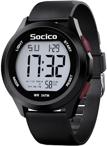 SOCICO Herren Digitaluhr Sport Wasserdicht Outdoor Großes Gesicht Militär Uhren mit Stoppuhr Hintergrund Beleuchtung Alarm Datum Anzeige (Schwarz-Rot Knopf)