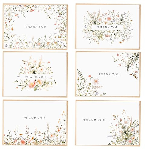 Pack de 6 tarjetas de agradecimiento con motivos florales, incluye sobres de papel kraft y pegatinas a juego | 3,5 x 5 pulgadas, 6 diseños de flores silvestres | Ideal para bodas, baby shower y