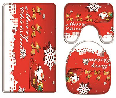 A.Monamour Badezimmer Badematte 3 Teilig Set Cartoon Elch Hirsche Ziehen Schlitten Santa Claus Weihnachten Matte Für Toilettenzubehör Flanell Saugfähig Badteppiche Badvorleger Badgarnitur WC Vorleger