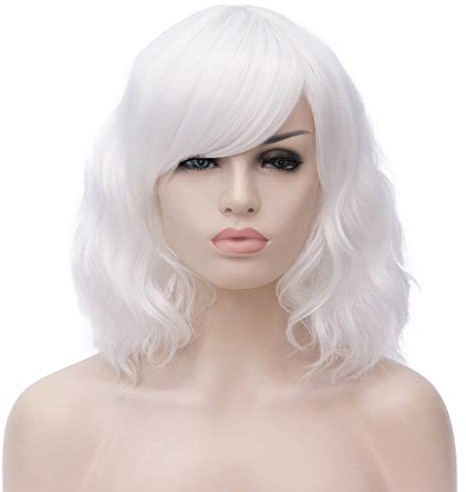 ATAYOU Kurze Weiß Weiss Bob Perücke Synthetische Cosplay Perücken | Halloween Und Karneval Mit 1 Perücke Kappe, Holloween Karneval Fasching Fastnacht Kostüm Damen