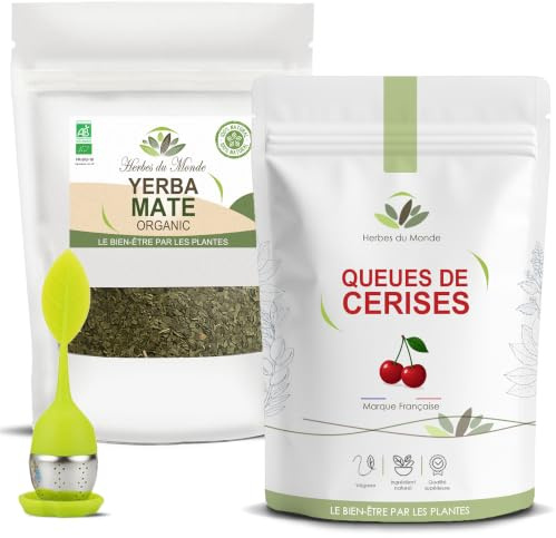 Herbes du Monde - Duo Tisanes Minceur et Vitalité avec Infuseur - Queues de Cerise et Maté Vert - 2 Sachets 100 g et 1 Infuseur