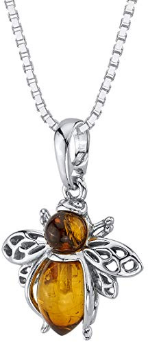 PEORA Genuine Baltic Amber Bee Pendant Necklace for Women 925 Sterling Silver, Rich Cognac Color, with 18 inch Chain, Real Baltic Amber Necklace for Adults, 100% Natural from Baltic Region