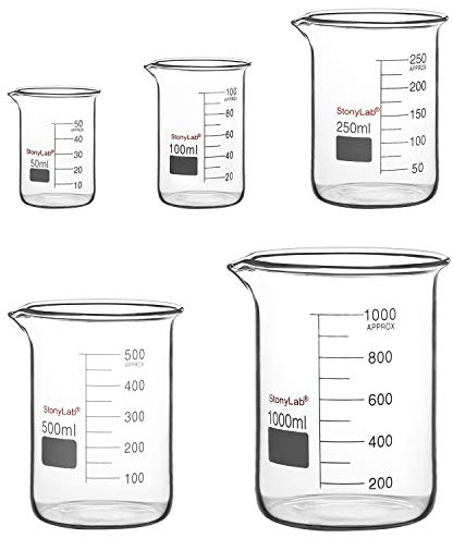 stonylab Glasbägare, Borosilikatglas Graderade Lågformade Griffin-bägare i 5 Storlekar, 50 ml/100 ml/250 ml/500 ml/1000 ml (1 L), Combo Pack