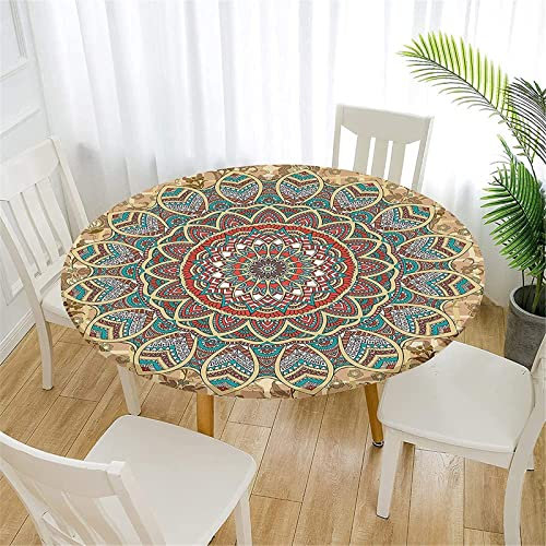 FANSU Tischdecke Rund 120cm Abwaschbar, Grün Mandala Elastisch Rund Tischdecken Modern Wasserdicht Fleckschutz Tische Gartentischdecke für Outdoor Küche