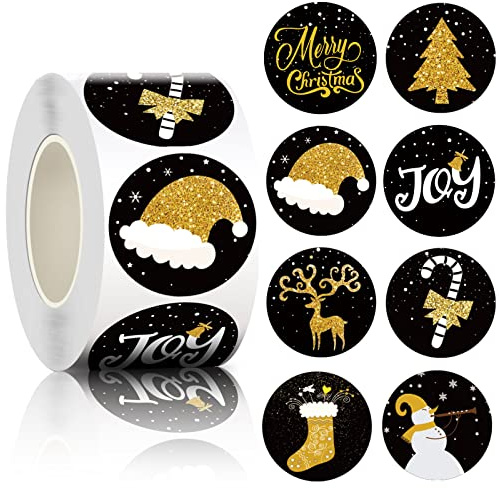 500 STÜCKE Sticker Etiketten Weihnachten, Kalolary Aufkleber Rund Selbstklebende Umschlag 8 Weihnachtsmustern für Karten Geschenkboxen Dekoration, Schwarz Golden