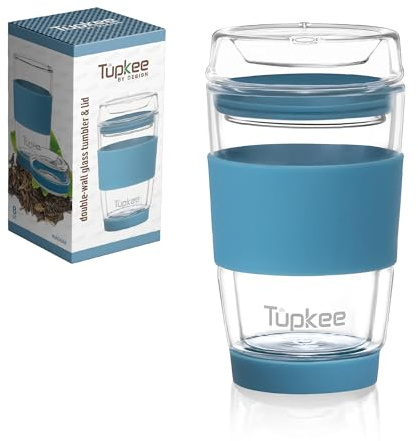 Tupkee Double Wall Glass Tumbler - 8-Ounce, All Glass Hand Blown Reusable Insulated Tea/Coffee Mug & Lid, Travel Mug - Niagara