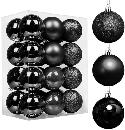Favuit Weihnachtskugeln, 6cm 24er Christbaumkugeln Set Kunststoff Baumschmuck Christbaumschmuck Weihnachtsbaumschmuck Weihnachtsbaumkugeln Dekokugeln Kugeln Weihnachten(Schwarz)