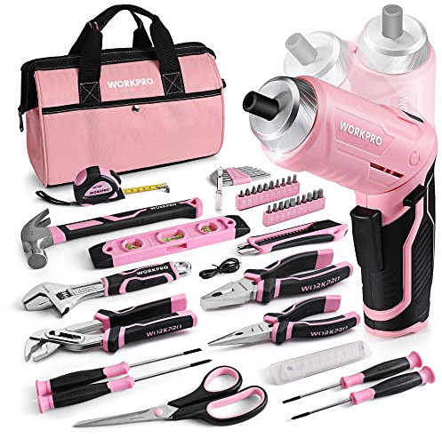 WORKPRO Boîte à Outils Pink Rose 53 Pièces avec Tournevis sans Fil 3,7 V, Caisse à Outils Complete avec Sac Durable, Trousse à Outils Rose Parfait pour Bricolage, Entretien Domestique