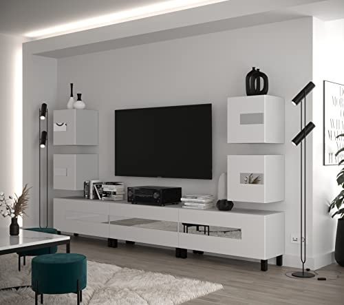 Furnitech Wohnwand Wohnzimmer | Hängend Wohnwand Modern | Wohnzimmer Schrankwand mit Regale und TV Schrank | Wohnzimmer Möbel ohne LED (Future C98-22W-LB-M4-1A)