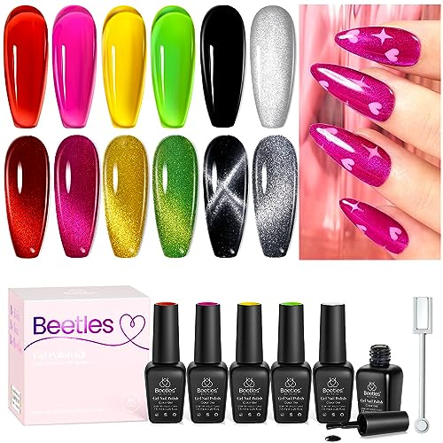 Beetles Cat Eye Nagellack Set - 6 Farben Holografisches Glitzer UV Gel Nagellack Set mit Magnet Durchscheinend Rosa Gelb Schwarz Set Halloween DIY Maniküre für Anfänger