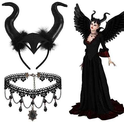 SULOLI Haarreif mit schwarzen Hörnern, Halloween-Stirnbänder für Damen, Maleficent-Hörner, Halloween-Hexenzubehör, Hexen-Stirnband für Erwachsene, mit Halskette
