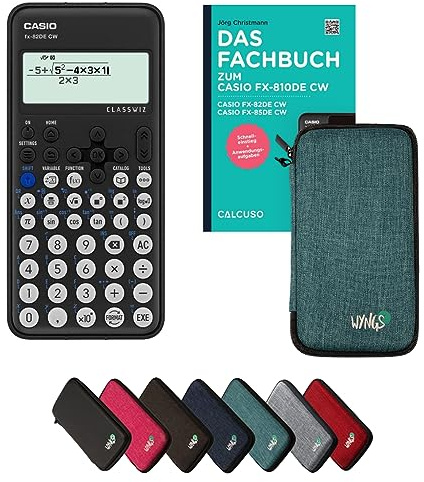 Casio fx-82DE CW Incl. Funda Protectora Turquesa y Libro especializado (96 páginas, DIN A5) – Calculadora científica – Smart Set (Alemán)