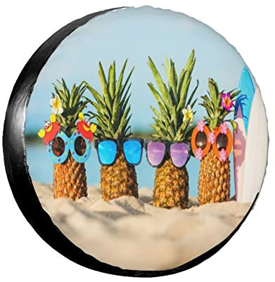 Reifenschutzhülle Sommer-Strand-Landschaft Hippie-Ananas Mit Sonnenbrille Polyester Reifen Wasserdicht Radabdeckung Für Truck Geburtstag SUV 16inch