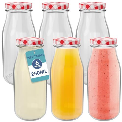 HEFTMAN Botellas de leche de vidrio con tapas, juego de 6 mini botellas de leche herméticas con tapas de cuadros rojos para bebidas, líquidos y decoración, botellas de jugo de vidrio retro para bodas,