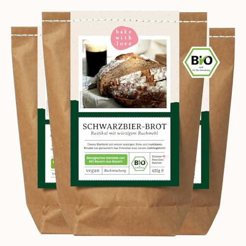 Bio Schwarzbier-Brot Brotbackmischung - Backmischung für Bierbrot - Bier Männergeschenk - Brotbackautomat geeignet - Bake with Love - (3er Pack)
