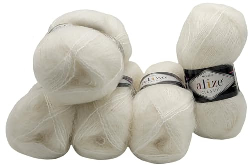 5 x 100 Gramm Ilkadim Export Mohair Classic Strickwolle, 500 Gramm Strickgarn einfarbig mit 25% Mohair Wolle (weiss 55)