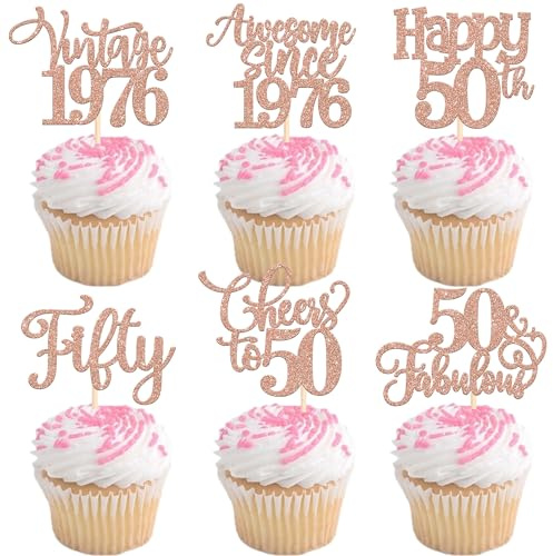SYKYCTCY 24 Pack Vintage 1976 Cupcake Toppers Glitter Fifty Happy 50th Birthday 50 Fabulous Cupcake Picks Awesome Since 1976 Cake Decorations for 50th Birthday Anniversary Retirement Party Supplies