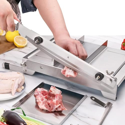 Moongiantgo Cortafiambre Manual Cortador de Carne Congelada Máquina Cortadora de Alimentos con Doble Cuchillas, Grosor Ajustable 0-15mm para Huesos Pollo Pato Pescado Cordero Vegetale (KD0288)