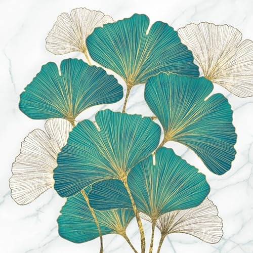 20 Servietten Blumen, Garten & Natur Saphir Ginkgo und goldene Blätter als Tischdeko. Papierservietten mit Motiv. Auch für Decoupage und Serviettentechnik 33x33cm