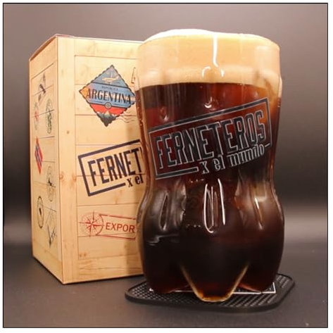 Vaso de Vidrio para Fernet con Forma de Botella Cortada en Caja Decorativa - Capacidad 700cc - Incluye Posavasos