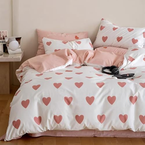 Michorinee Herzchen Bettwäsche 200x200cm Weiß Rosa Aesthetic Microfaser Herzen Bettbezug und 2 x Kissenbezug 80x80 cm Doppelbett Wendebettwäsche Set Reißverschluss