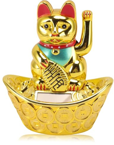 Bewinner Winkende Katze, Glücklicher Reichtum, Willkommende Katze, Solarbetriebene Süße Winkekatze, Viel Glück, Reichtum, Einladende Katze, Glückskatze, Heim-, Zimmer-, Büro-Desktop-Dekoration(Gold)