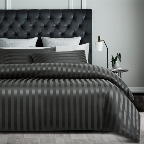YASMENG Housse de Couette Satin 140x200 Gris Rayé Brillant Deluxe Parure de Lit Satin Doux Soyeux Soie Linge de Lit 1 Personne Adulte avec Fermeture Éclair avec Taie d'oreiller 65x65 cm