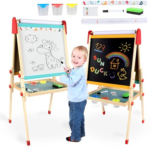 aiwo Art Easel for Kids, Wooden Double-Sided Magnetic Chalkboard & Whiteboard, Height Adjustable Painting Easel Blackboard for Toddler