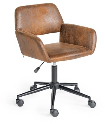 FurnitureR Silla de Oficina Vintage de Ante Ajustable, Ruedas giratorias 360°, Marco de Acero marrón, Oficina en casa, Oficina, Color marrón, 55 x 56 x 75-85 cm