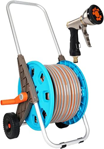 YJKKZQLB hosepipes for garden on reel Garden Water Hose Reel Cart with 2 Wheels, Hose and Handle, Outside Water Pipe Rack Winding Tool for Garden, Lawn, Farm, Car Washes(with 80m Hose)