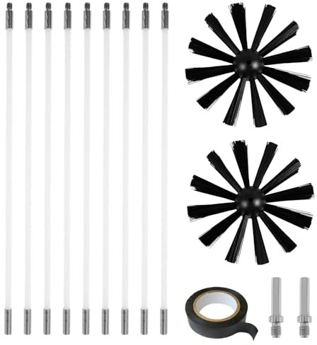 BDHYYM 14 Stück Kaminbürste Stange Set,2 Bürstenkopf Holzofen Kaminbürsten Durchmesser 150mm Ofenrohrbürste Nylon mit 9 Flexible Stangen 410mm,2 Sechskantstange,1 Klebeband,Kaminrohr Reinigungsbürste